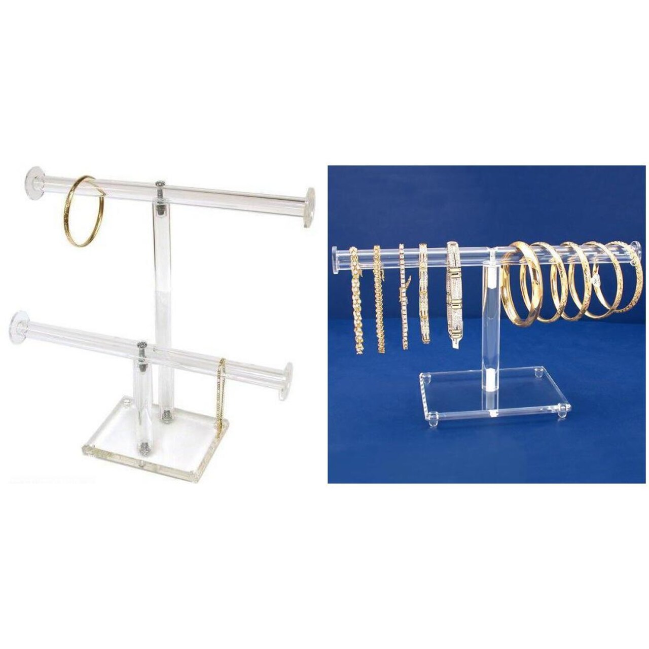 Clear Acrylic 2 Tier T-Bar & Round T-Bar 10" Jewelry Display Stands Kit 2 Pcs